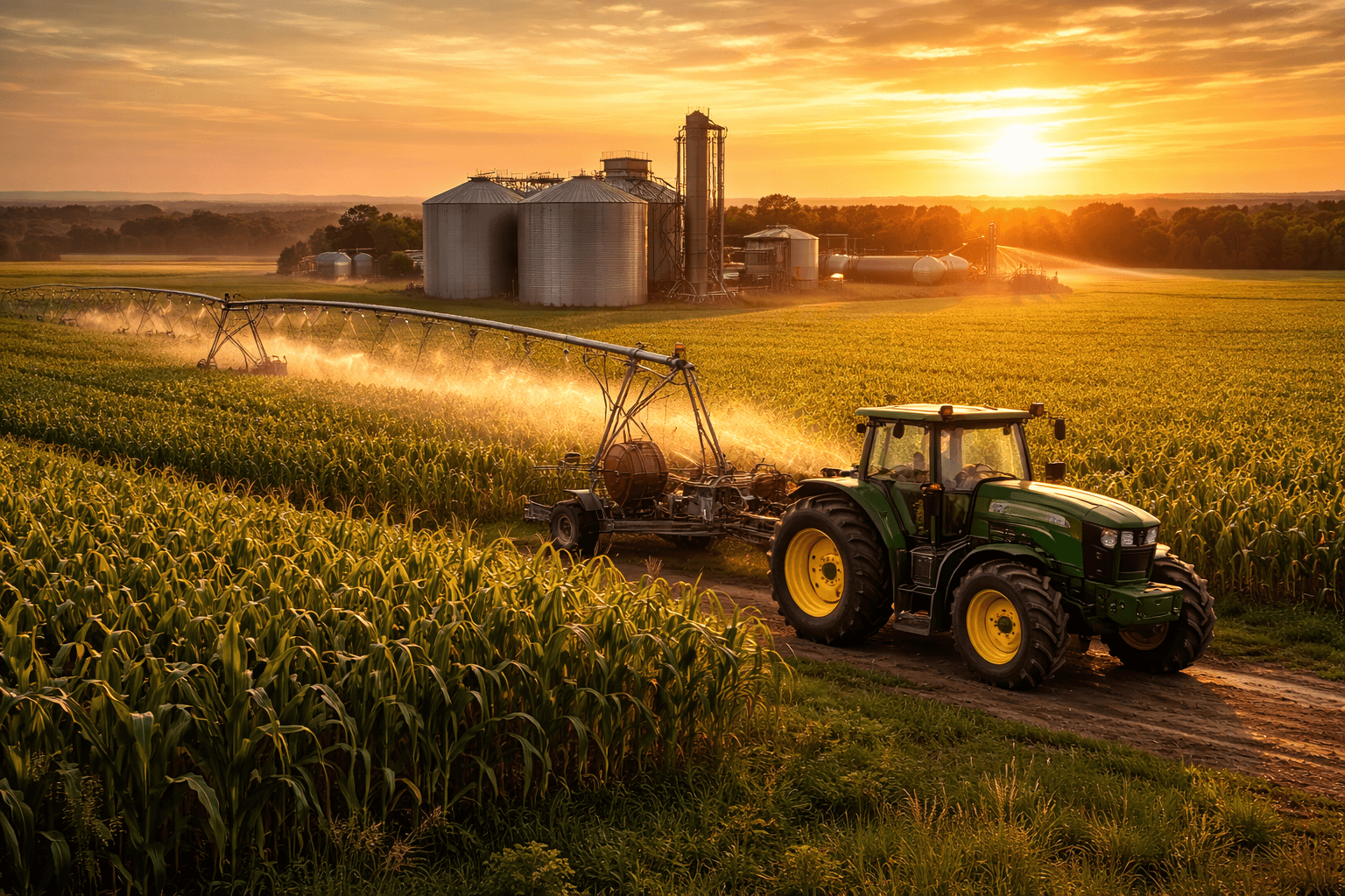 Operação agrícola com trator e silos ao pôr do sol